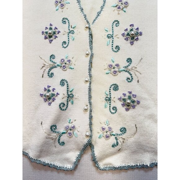 Koret Womens Embroidered Floral Vest L Ivory Green Purple Pearl Button Croquette - Picture 3 of 14